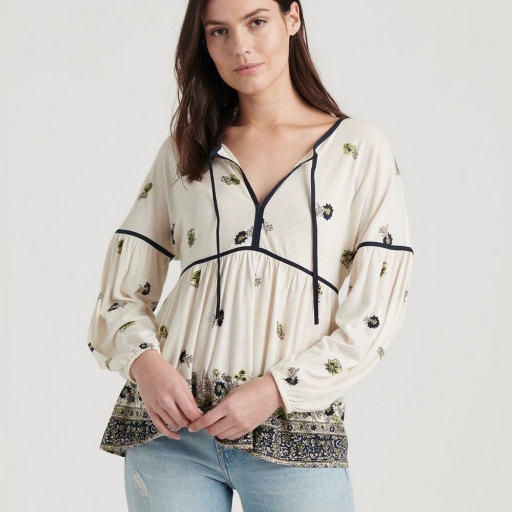 Lucky Brand Border Print Peasant Boho Longsleeve Top